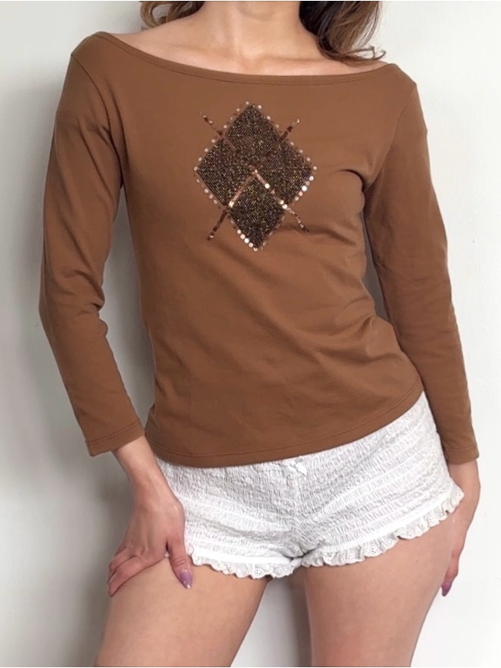 🐚 VINTAGE BEADED BROWN DIAMOND QUARTER SLEEVE